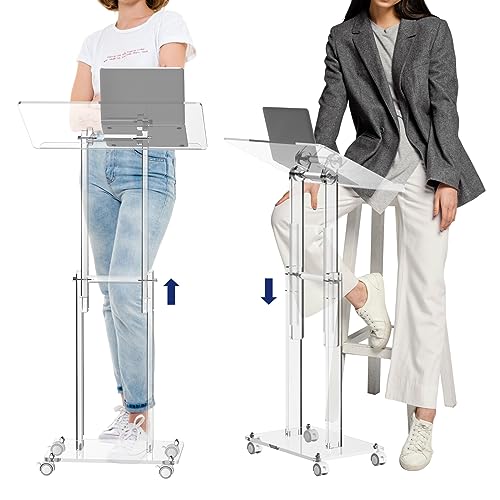 Acrylic Podium Stand with Lockable Wheels – Height & Angle Adjustable Lectern for Class, Church, Events