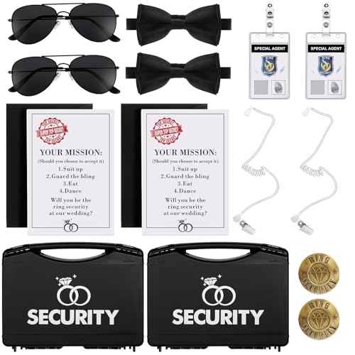 Aoriher Ring Wedding Bearer Security Set Include Ring Bearer Box Security Badge Sunglass Earpiece Bow Tie ID Badge Holder with ID Card Envelope Invitation Card for Proposal Gift(18 Pcs)