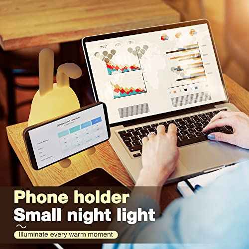 QANYI Cute Simple Design Small Desk Decor Nightlight with Bunny Phone Stand, Soft Lovely Rabbit LED Squishy Light Up Bunny, Bedside Kawaii Lamp for Women Teens Kids Gift