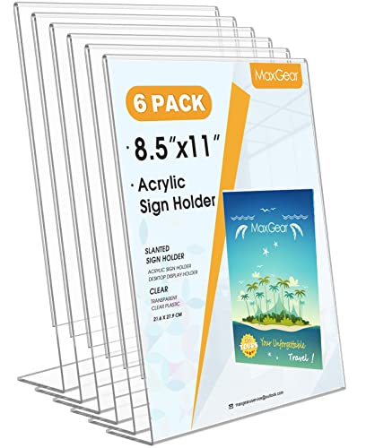 MaxGear 6 Pack Acrylic Sign Holders 8.5 x 11 Inch L-Shape Display Stands