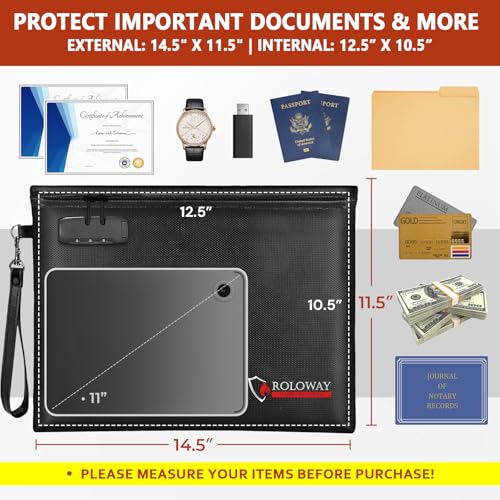ROLOWAY Fireproof Document Bag (14.5 x 11.5 inch), 6400¢µ Fireproof Money Bag with Zipper for Cash, Fire Safe Money Pouch with Lock (Black)