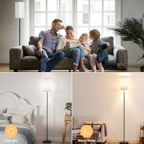 Floor Lamps for Living Room, Modern Standing Lamp with Pull Chain Switch, 3 Color Temperature Black Pole Lamp with Lampshade, 9W LED Bulb Tall Lamps for Bedroom Office Kid Room