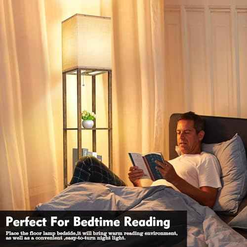 Floor Lamp with Shelves, Modern Wood Standing Shelf Lamp with 3 CCT LED Bulb and White Shade for Living Room Bedroom and Office Deco-Brown