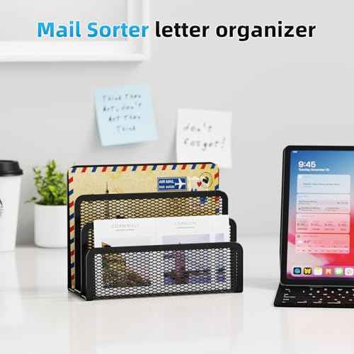 Marbrasse Mail Organizer for Desk, 3-Slot Mesh Metal Mail Holder countertop, Letter Holder, Office Desktop Envelope and Document Storage Rack (Black)