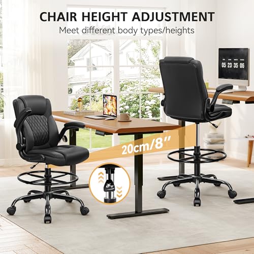 Brick Attic Black Drafting Chair for Standing Desks - Tall Ergonomic Office Chair with Flip-Up Armrest, Adjustable Height & Footrest, Pack of 1