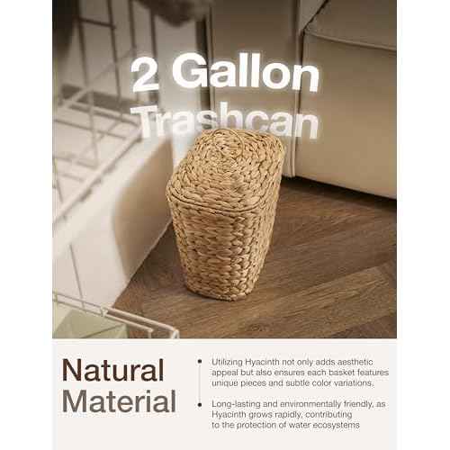 2 Gallons Wicker Waste Basket with Lid - Large Wicker Trash Can for Office - Waste Basket for Bedroom, Bathroom, Kitchen, Living Room - Boho Handwoven Trash Cans for Garbage (2 Gallons)