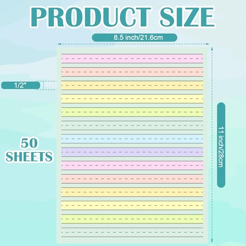 Multicolor Handwriting Practice Sheets for Kids - 50 Sheets, 0.5" Line Width, ADHD & Dysgraphia Support