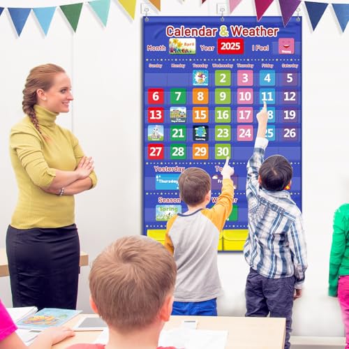 Blue Classroom Calendar Pocket Chart for Kids - Monthly Weather Seasons Learning Chart with 113 Cards | Teacher Must Haves for Kindergarten, Preschool, Homeschool | Interactive Educational Wall Chart