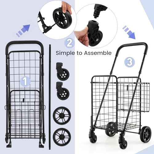 Goplus Folding Shopping Utility Cart, Double Basket and 360¡Æ Swivel Wheels, Adjustable Handle, Small Cart Perfect for Grocery Laundry Book Luggage Travel
