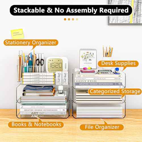 Paper Organizer Letter Tray - Acrylic Stackable Desk File Organizer with 5-Gird Tray and Pencil Holder, Clear File Organizer for Desk, Office Organizer for File Paper, Ipad, Letter, Small Item Etc