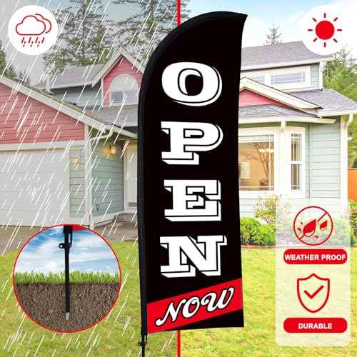 Buryeah 2 Sets Now Open Flag Banner for Business Advertising 7 ft Feather Flag Sign with Flagpole Ground Stake Portable Bag(Black)