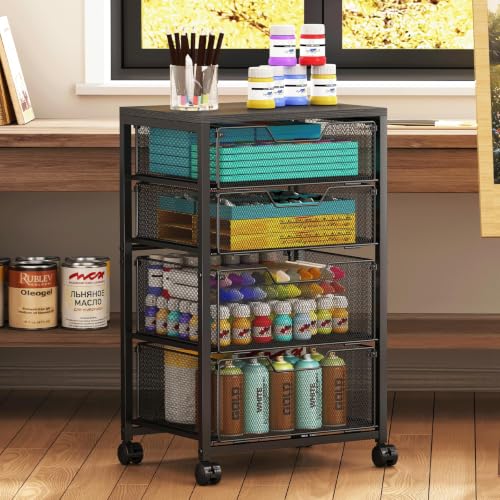 Sbanmao Rolling Cart with 4 Drawers (2S+2M), Black – Heavy-Duty Metal Frame