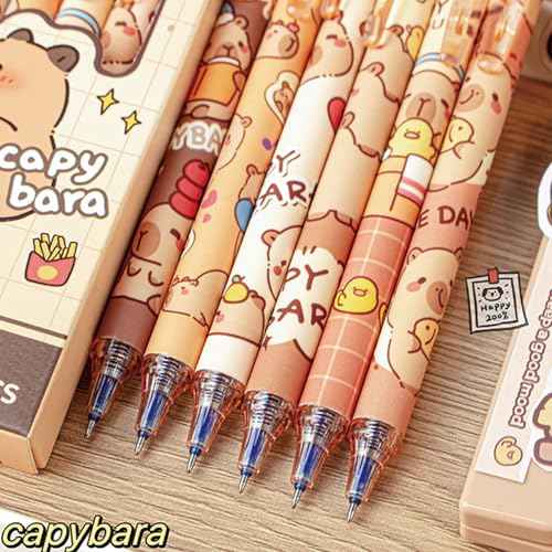 6 Pcs Cute Erasable Retractable Pens - Erasable Gel Ink Pens with Cartoon Capybara Design, 0.5mm Fine Point Blue Ink, Perfect for Office, School, Women, Girls, Boys