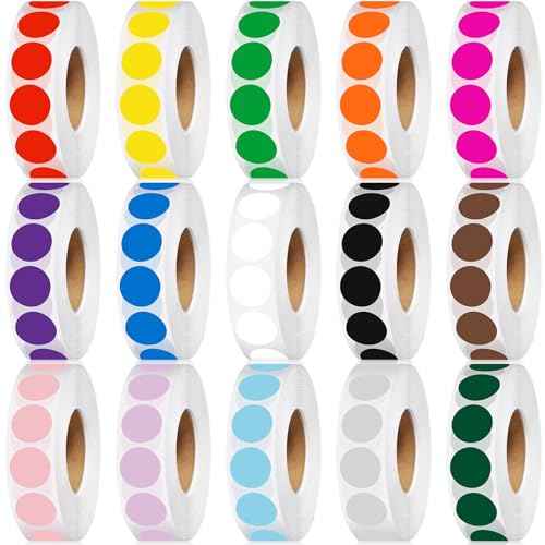 22500 Pcs 3/4 in Round Color Coding Labels Roll Adhesive Solid Colors Dot Stickers Assorted Colored Circle Dot Label for Back to School Inventory Organize File Classification, 15 Colors