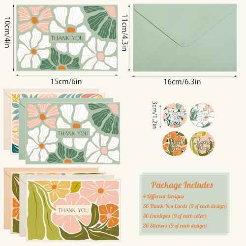 Thank You Cards with Envelopes, 36 Pack Thank You Cards Bulk with Envelopes & Stickers 4x6 Inch Greeting Card for Birthday, Wedding, Baby Shower, Graduation, Bridal Shower, Business