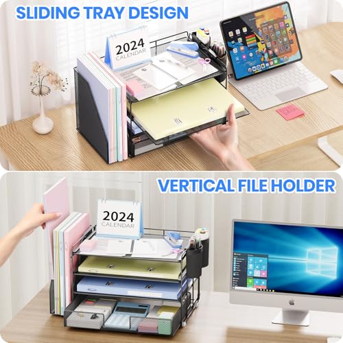 Black 4-Tier Desk Organizer with Drawer & Pen Holders - Office Storage Solution