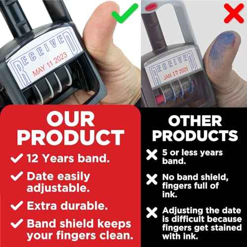 Self-Inking Rubber Date Office Stamp with Received Phrase - Blue Ink & Date Red Ink - 12-Year Band