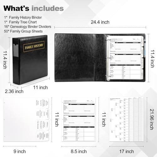 Family History Binder 3 Ring 50 Family Group Sheets 12th Generation 16 Sheets Genealogy Binder Dividers Family Tree Chart Genealogy Supplies with Pen Loop PVC Pocket For Organizer Family History Black