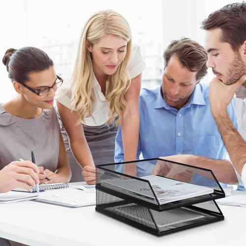 Hicarer 4 Pcs Black Metal Letter Tray Stackable Desk Tray Single Wire Mesh Organizer Front Load File Paper Holder for Desktop Office Home School Classroom (12.8 x 9.84 Inch)