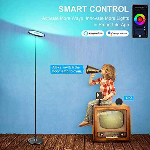 Upgraded 30W Smart Floor Lamp Compatible with Alexa, 2 in 1 Color Changing RGB and White Light LED Lamp, Double Side Lighting Dimmable Modern Tall Stand Lamp for Living Room Bedroom Office