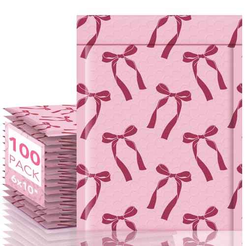 Fuxury Bubble Mailers 6x10 100 Pack, Pink Bows Cute Design Bubble Envelopes Usable Size 6x9",Strong Adhesion Pattern Padded Shipping Envelopes Thick Mailer for Mailing Jewelry, Makeup,Small items