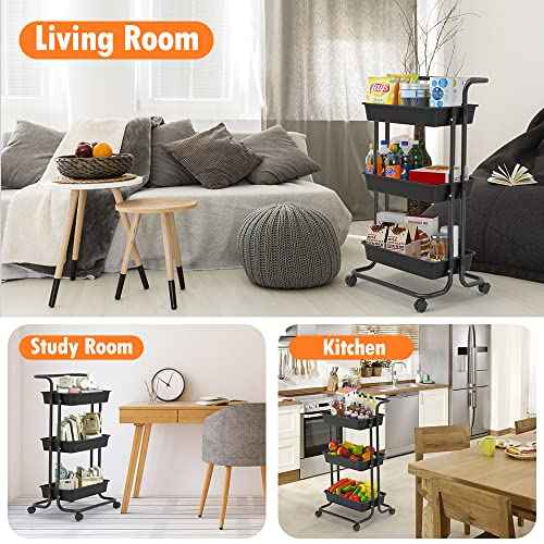 3-Tier Rolling Utility Cart with Wheels, Multi-Function Storage Cart with Lockable Wheels and Mesh Basket, Perfect for Use in Your Kitchen, Bathroom or Living Room or Balcony,Black