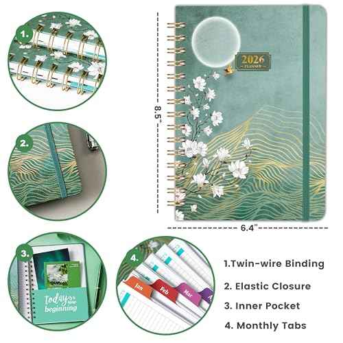 2026 Planner - JAN. 2026 - DEC. 2026, 2026 Planner Weekly and Monthly, 2026 Calendar Planner, Weekly and Monthly Planner with Colorful Tabs, Premium Paper, Twin-wire Binding - Hardcover (6.4" x 8.5", Green, Back Pocket)