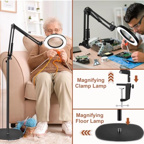 LANCOSC 10X Magnifying Glass with Light and Stand, 3-in-1 Adjustable Swing Floor Lamp, 5 Color Modes Stepless Dimmable, LED Lighted Hands Free Magnifier & Clamp for Reading, Crafts, Painting, Esthetic