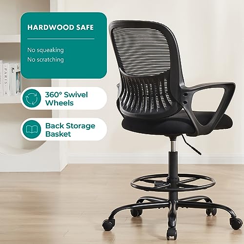 DUMOS Drafting Chair - Counter Height Adjustable Tall Office Desk Chair with Fixed Armrests and Comfortable Lumbar Support for Standing Desk, Deep Black