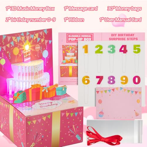 Surprise Musical Pop Up Birthday Card, Money Roll Pull Box, Cash Gift Box for Women, Girls