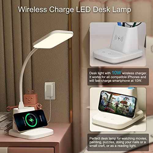 Sailstar Upgraded LED Desk Lamp with Wireless Charger, White Small Desk Light with Pen Holder, 3 Color Modes, CRI 85, 800 Lumen, Study Lamps for College Dorm Room, Home Office, Adapter Included