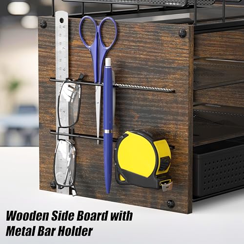 Simple Houseware Mesh Desk Organizer with Wooden Side Panel, Rustic Brown