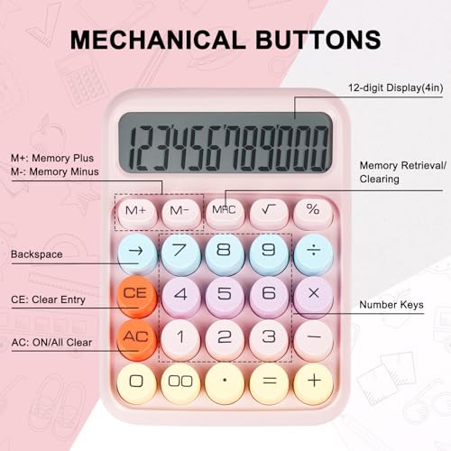 Pink Mechanical Switch Calculator with Large LCD Display, 12 Digit Desktop Office Calculator for Teachers Students