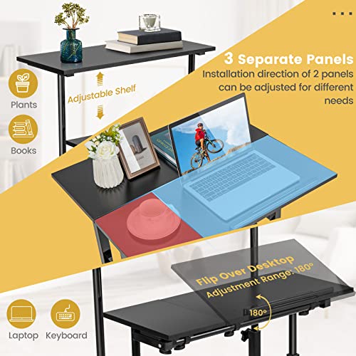 COSTWAY Mobile Standing Desk, Laptop Cart with Flip-Over Desktop, Overbed Table with Wheels, Computer Desk for Standing or Sitting, Height Adjustable Workstation for Home & Office (Black)
