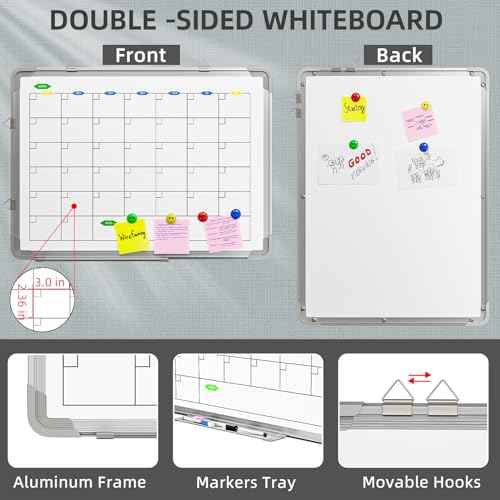 Large Dry Erase Calendar Whiteboard for Wall, Polegas 24" X 18" Magnetic White Board Calendar, Double Sided Whiteboard Calendars Dry Erase, Wall Hanging Monthly Board for Home School Office