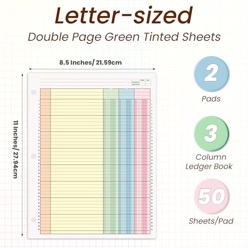 gisgfim 2 Packs 100 Sheets Columnar Analysis Pad 3-Column Colorful, 8.5 x 11, 3-Hole Punch Ledger