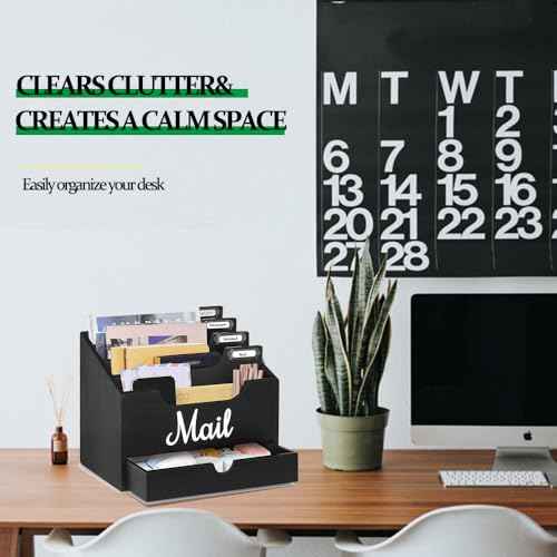 Wood Desktop Mail Organizer, Mail Organizer Countertop with 4 Compartments and Drawer, Wood Mail Holder Sorter Organizer Holder for File Letter Paper Folder, Black Wooden Desk Organizer