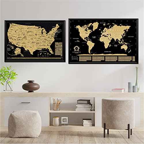 2 in 1 Gift Set - Scratch Off World Map and US Scratch off Map - Easy to Frame Scratchable World and United States of America Posters - Globetrotters Wall Map - Black and Gold Travel Tracker