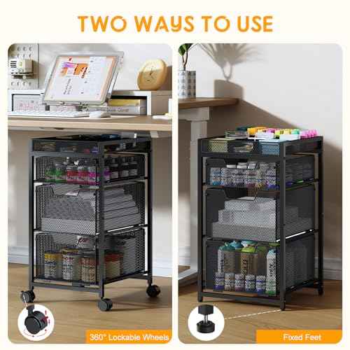 Rolling Utility Cart with 3 Drawers, Craft Organizer and Storage with DIY Divider, Lockable Wheels, Multi-Functional Storage for Art Supplies, Store for Brushes & Paints & Small Parts(Patent Pending)