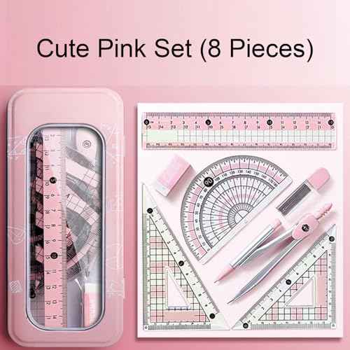 8 Pcs Pink Geometry Set Cute Compass Set with Maths Protractor Rulers, Math Set for Drawing Measuring Tools, Kawaii Ruler Kit for Class Women Girls School Supplies (Pink)