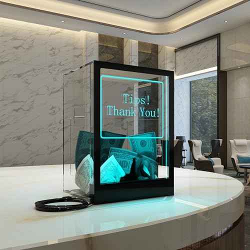 Tip Jar with 2 Sign Holders, LED Light & Lock for Bar & Party, Donation Box with Sign Holder ''Tips! Thank You!'', Suggestion Box with DIY Blank Sign Holder for Getting Cards, Voting & Ballots
