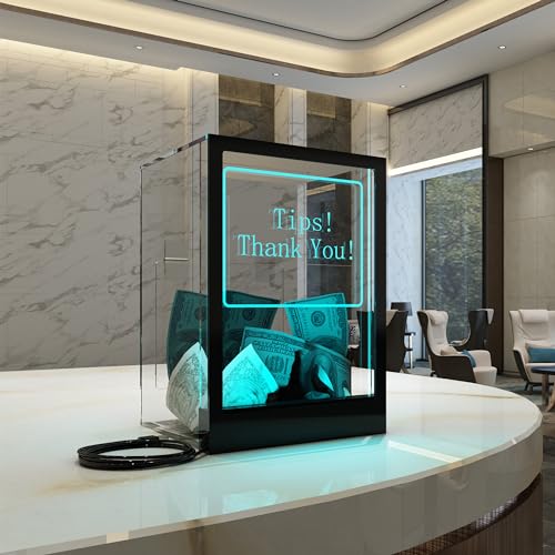 HEMYLU Suggestion Box with Remote Control - Lockable Tip Jar LED Light & Sign Holders