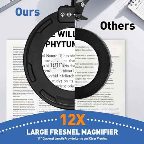 HITTI Ultra Long 12X & 30X Magnifying Glass with Light and Clamp, 5 Color Modes Steepless Dimming Desk Lamp, Swivel Arm Workbench Light, Hands Free Lighted Magnifier Stand for Craft Reading Hobby