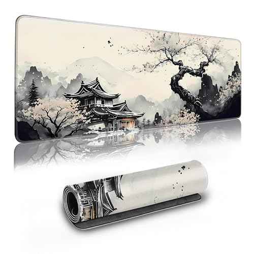 Long Gaming Mouse Pad Extended Anime Large Desk Pad with Non-Slip Base Full Keyboard Mat with Stitched Edges for Gaming and Office 31.5 x 11.8 inches (Wash Painting)