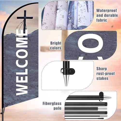 Buryeah 2 Sets Church Sign Feather Flag 7 ft Church Swooper Flag with Fiberglass Poles and Point Stake Welcome Banners for Outdoor Business and Events Promotion