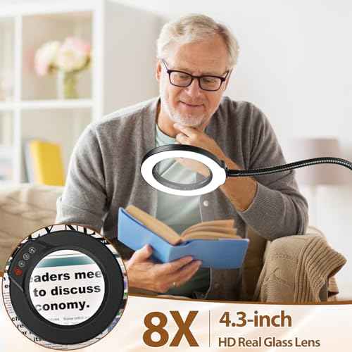 8X Magnifying Glass with Light and Stand, Krstlv 24" Flexible Gooseneck Magnifying Floor Lamp, 3-in-1 LED 5 Color Modes Stepless Dimmable Lighted Magnifier Hands Free for Close Work, Hobby, Esthetican