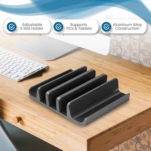 Multiple Laptop Holder Vertical ? Adjustable Laptop Vertical Stand Holds 5 Devices, Fits All MacBooks Laptops Tablets and Mobiles (up to 17.3¡±). Closed Upright Vertical Laptop Stand for Desk