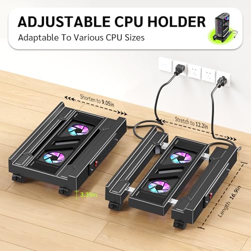 CABTE Black Computer Tower Stand with Charging Station & Cooling System