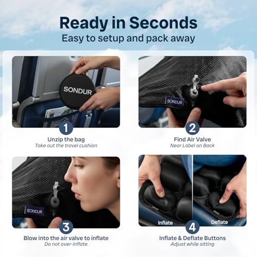 Travel inflatable airplane seat cushion with 24 air cells, cloudair comfort