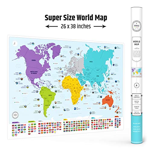 Colorful Educational World Map Poster with Flags & Capitals - 26x38 Inch